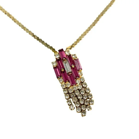 Hobe Signed 16 Choker Necklace Gold Tone Pink Retro Rhinestone Pendant